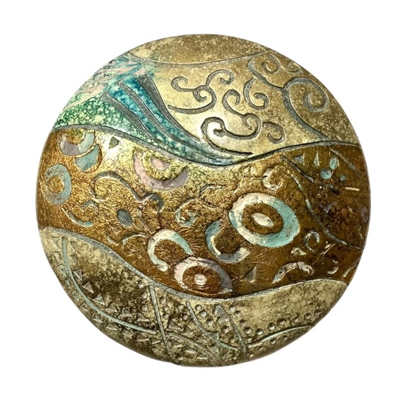Decorative Ceramic Round Trinket Box Jar Aged Gold Green Ornate Ring Dish 5” - Picture 3 of 5